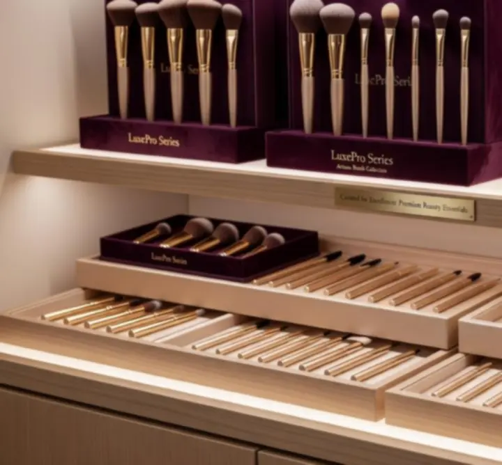 Retail shelf styled with professional beauty tools and accessories