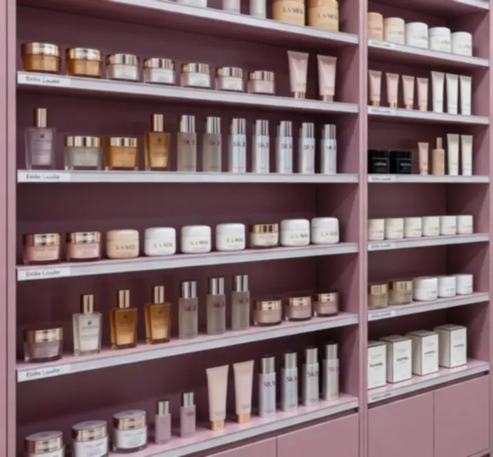 Shelves showcasing premium skincare brands arranged for wholesale and retail display