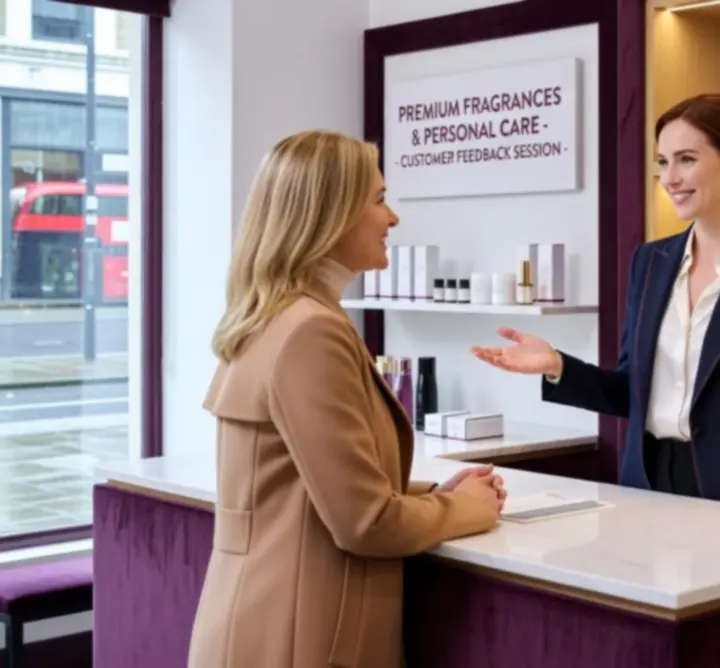 Retail client in store reviewing a display of beauty and personal care products