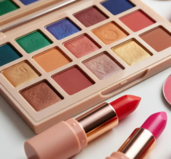 Close-up of luxury colour cosmetics including eyeshadows and pigments