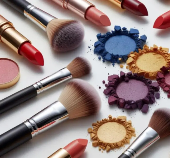 Close-up textures of colour cosmetics in soft mauve and nude tones