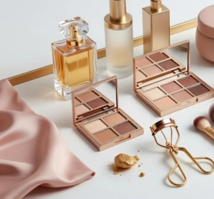 Elegant flat-lay of luxury perfumes, skincare, and cosmetics