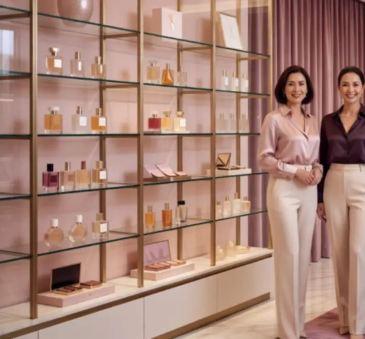 Founders of LIP CALM LTD standing in a perfume and cosmetics showroom