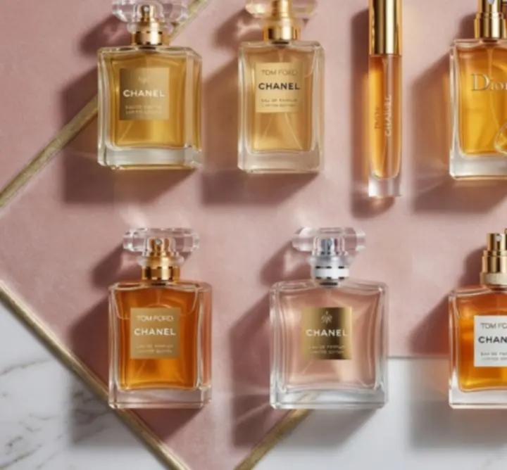 Curated arrangement of premium fragrance bottles in a soft-lit display