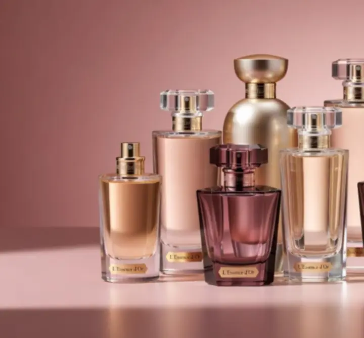 Elegant arrangement of luxury fragrance bottles in a softly lit display
