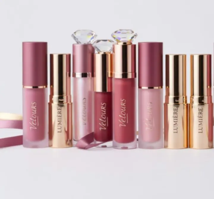 Elegant lip product packaging in soft pink, plum, and champagne gold tones arranged for retail display.