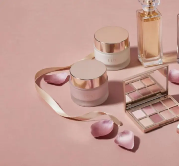 Luxurious flat lay of premium cosmetic products arranged on a soft neutral backdrop