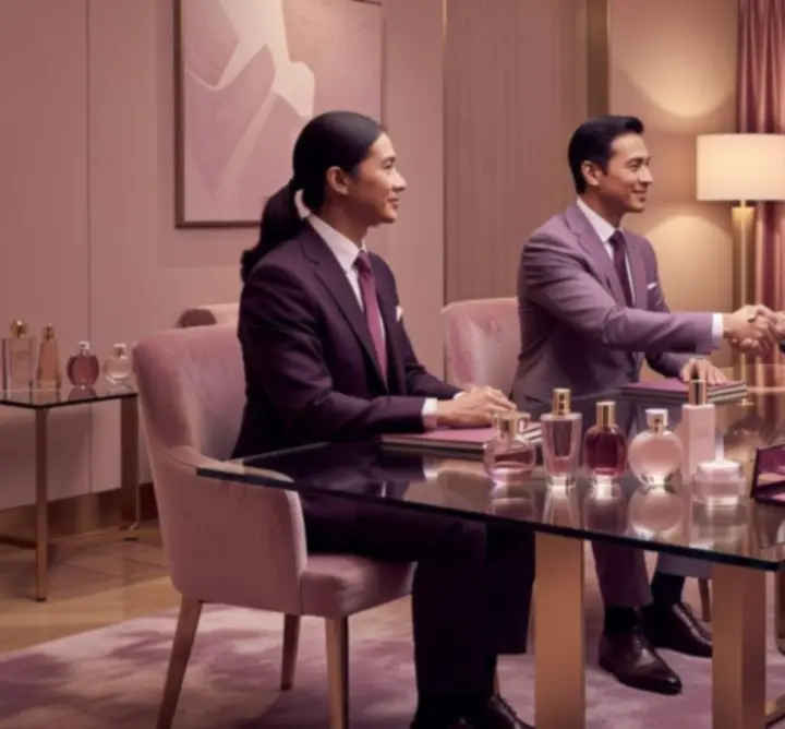 Beauty wholesale partnership meeting with premium fragrances and cosmetics on the table