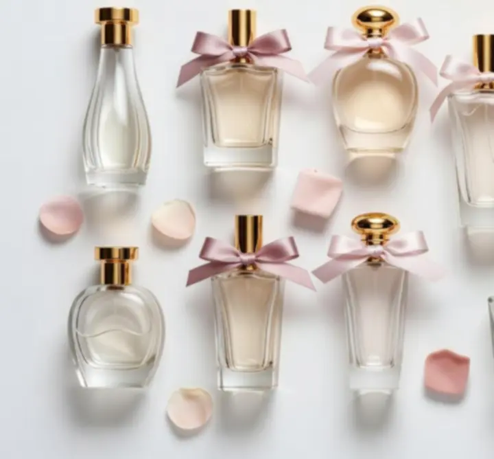 Flat-lay of luxury perfume bottles arranged on a neutral surface