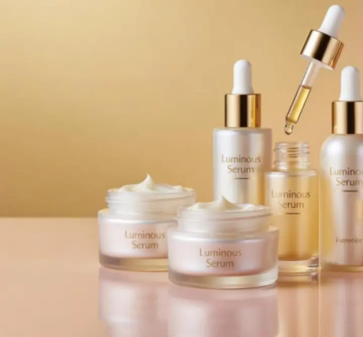 Elegant display of luxury skincare creams, serums and cleansers arranged for retail