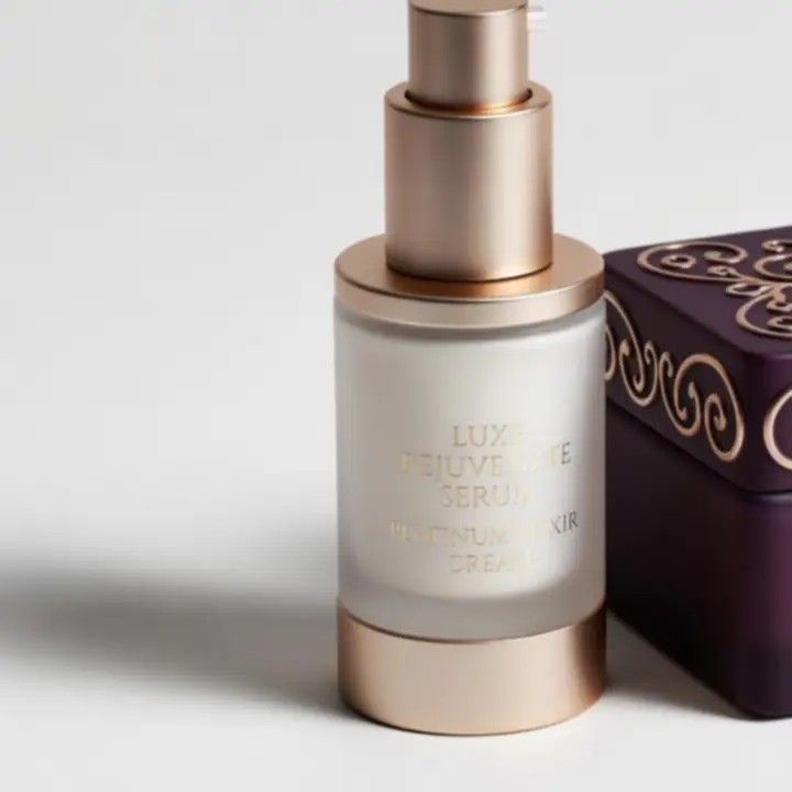 Close-up view of premium skincare packaging in soft nude and gold tones