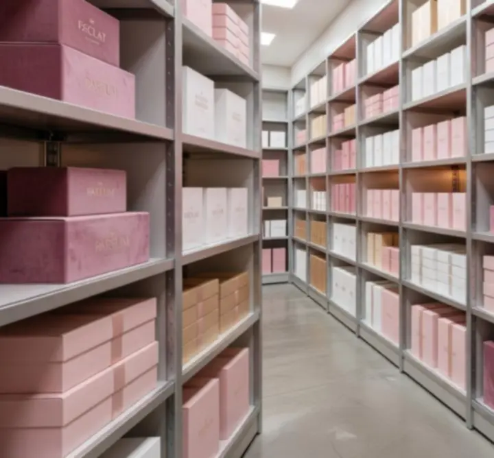 Stocked warehouse shelves with premium cosmetics and fragrance boxes prepared for wholesale orders