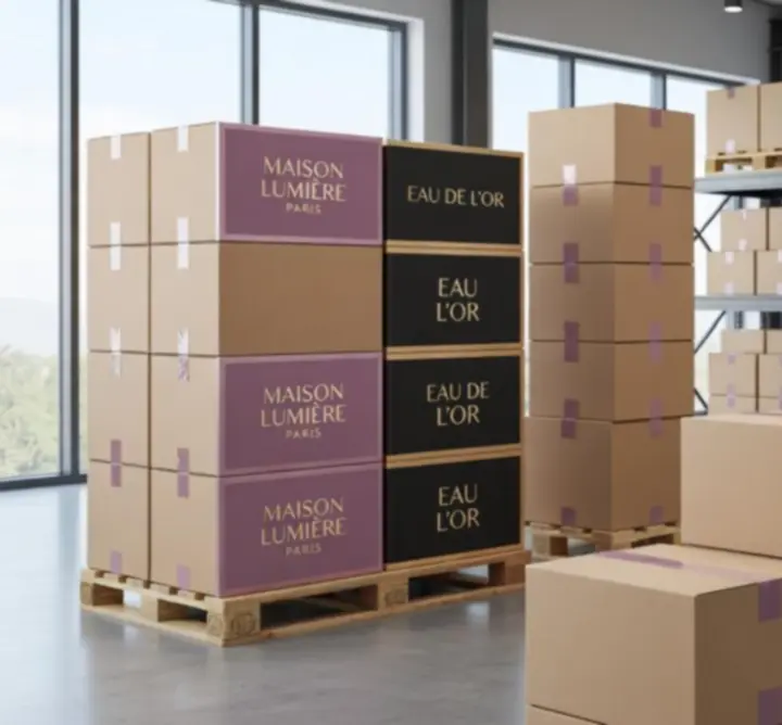 Organised warehouse shelves storing fragrance inventories ready for shipment