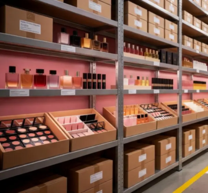 Modern warehouse aisle showcasing neatly organised beauty product inventory