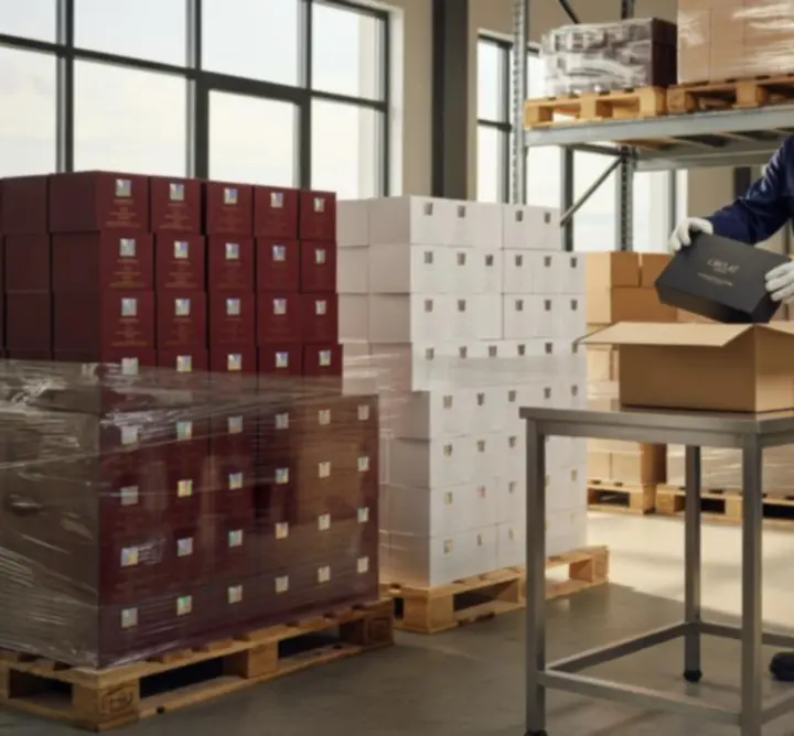 Warehouse team preparing cosmetic products for wholesale shipping