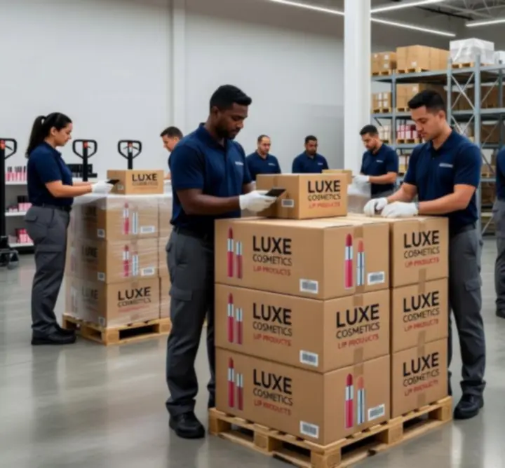 Warehouse-to-shelf logistics showing beauty products moving through a premium distribution environment.